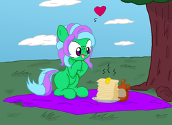 Size: 960x698 | Tagged: safe, artist:tory equis, oc, oc only, oc:sprinkle, food, heart, pancakes, picnic, solo