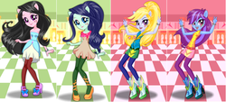 Size: 1024x461 | Tagged: safe, artist:karalovely, blueberry cake, cloudy kicks, mystery mint, oc, oc:kara lovely, equestria girls, g4, background human, starsue