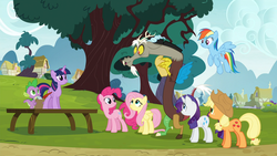 Size: 1920x1080 | Tagged: safe, screencap, applejack, discord, fluttershy, pinkie pie, rainbow dash, rarity, spike, starlight glimmer, twilight sparkle, alicorn, pony, g4, season 5, what about discord?, binoculars, female, flying, folded wings, frown, group, male, mane seven, mane six, mare, open mouth, open smile, ponyville, smiling, spread wings, starlight stalker, twilight sparkle (alicorn), wings