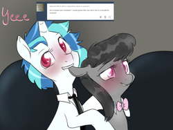 Size: 1280x960 | Tagged: safe, artist:rflzqt, dj pon-3, octavia melody, vinyl scratch, earth pony, pony, unicorn, g4, ask, blushing, bowtie, ear bite, female, lesbian, lip bite, looking at you, mare, necktie, ship:scratchtavia, shipping, tumblr, vinyl and octavia in romance