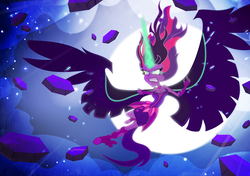 Size: 900x635 | Tagged: safe, artist:pixelkitties, sci-twi, twilight sparkle, equestria girls, g4, my little pony equestria girls: friendship games, angry, cleavage, female, flying, glowing eyes, glowing horn, horn, midnight sparkle, solo, spread wings, wings