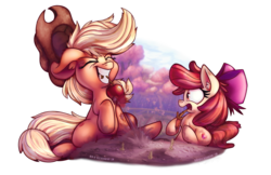 Size: 1700x1100 | Tagged: safe, artist:bobdude0, artist:heir-of-rick, apple bloom, applejack, earth pony, pony, g4, apple, bow, carrot, collaboration, duo, eyes closed, female, filly, food, hair bow, hat, mare, open mouth, sisters, that pony sure does love apples
