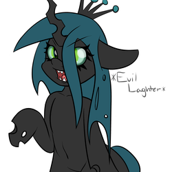 Size: 3000x3000 | Tagged: safe, artist:psicarii, queen chrysalis, changeling, changeling queen, g4, bipedal, descriptive noise, evil laugh, female, high res, meme, simple background, solo, white background