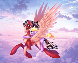 Size: 2261x1821 | Tagged: dead source, safe, artist:limreiart, dinky hooves, oc, oc:scrappy rug, pegasus, pony, g4, flying, pegasus oc, wings of steel