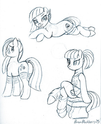 Size: 747x910 | Tagged: safe, artist:brianblackberry, limestone pie, marble pie, maud pie, earth pony, pony, g4, alternate hairstyle, blushing, bottomless, butt, cheerleader, clothes, crossed legs, dock, looking at you, monochrome, partial nudity, plot, prone, sketch, smiling, socks, stupid sexy marble pie, wrong cutie mark