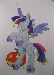 Size: 3072x4224 | Tagged: safe, artist:scribblepwn3, derpy hooves, pegasus, pony, g4, scare master, alicorn costume, clothes, colored pencil drawing, costume, eyes closed, fake horn, fake wings, female, halloween, horseshoes, jack-o-lantern, nightmare night, nightmare night costume, pen, rearing, solo, toilet paper roll, toilet paper roll horn, traditional art, twilight muffins, wig