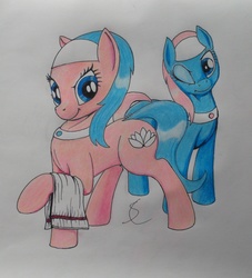 Size: 2914x3216 | Tagged: safe, artist:scribblepwn3, aloe, lotus blossom, earth pony, pony, g4, colored pencil drawing, high res, pen, spa twins, traditional art, wink