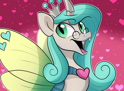 Size: 1050x774 | Tagged: safe, artist:pixel-prism, queen chrysalis, changeling, changeling queen, g4, commission, commissioner:lionel23, crown, dark mirror universe, female, glasses, happy, heart, jewelry, mirror universe, open mouth, peytral, regalia, reversalis, smiling, solo