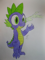 Size: 3216x4288 | Tagged: safe, artist:scribblepwn3, spike, dragon, g4, colored pencil drawing, green smoke, male, solo, traditional art