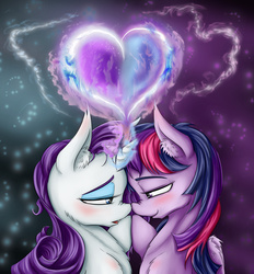 Size: 3445x3720 | Tagged: safe, artist:alcor, rarity, twilight sparkle, alicorn, pony, unicorn, g4, bedroom eyes, blushing, boop, ear fluff, female, high res, horn, horns are touching, lesbian, mare, noseboop, ship:rarilight, shipping, smiling, sternocleidomastoid, twilight sparkle (alicorn)