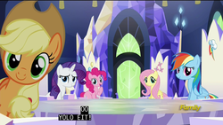 Size: 1920x1080 | Tagged: safe, screencap, applejack, fluttershy, pinkie pie, rainbow dash, rarity, g4, what about discord?, closed captioning, discovery family logo, yolo