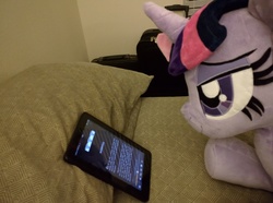 Size: 4096x3040 | Tagged: safe, artist:qtpony, photographer:corpulentbrony, twilight sparkle, alicorn, pony, g4, a song of ice and fire, bed, bedroom, book, bookhorse, bow, customized toy, female, hair bow, irl, kindle, mare, photo, photography, plushie, prone, reading, solo, toy, twilight sparkle (alicorn)