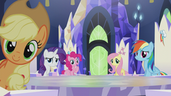 Size: 1366x768 | Tagged: safe, screencap, applejack, fluttershy, pinkie pie, rainbow dash, rarity, g4, what about discord?