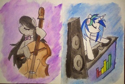 Size: 1914x1296 | Tagged: safe, artist:iven-furrpaw, dj pon-3, octavia melody, vinyl scratch, earth pony, pony, unicorn, g4, bow (instrument), cello, cello bow, eyes closed, female, headphones, mare, musical instrument, traditional art, turntable