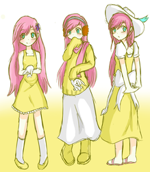 Size: 1739x1986 | Tagged: dead source, safe, artist:applestems, fluttershy, human, rabbit, g4, animal, blushing, clothes, dress, flattershy, frilly dress, hat, humanized, long skirt, sandals, skinny, skirt, sweater, sweatershy, thin