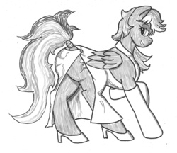 Size: 2657x2293 | Tagged: safe, artist:bigmacintosh2000, rainbow dash, g4, alternate hairstyle, butt, clothes, dress, female, grayscale, high heels, high res, ink, monochrome, plot, side slit, solo, stockings, tail wrap, traditional art
