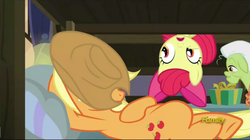 Size: 1281x719 | Tagged: safe, screencap, apple bloom, applejack, granny smith, g4, hearthbreakers, bed