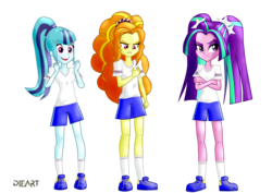 Size: 2338x1655 | Tagged: safe, artist:dieart77, adagio dazzle, aria blaze, sonata dusk, equestria girls, g4, clothes, commission, crossed arms, gym uniform, open mouth, shoes, shorts, signature, sneakers, the dazzlings