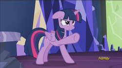 Size: 1920x1080 | Tagged: safe, screencap, twilight sparkle, alicorn, pony, g4, what about discord?, angry, discovery family logo, female, mare, pointing, solo, twilight sparkle (alicorn)