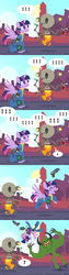 Size: 600x2400 | Tagged: safe, artist:pixelkitties, twilight sparkle, alicorn, deathclaw, pony, robot, g4, comic, crossover, dead, fallout, fallout 4, female, gun, mare, mister handy, stimpack, twilight sparkle (alicorn), weapon, x eyes