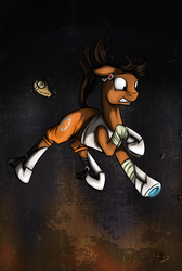 Size: 618x920 | Tagged: dead source, safe, artist:28gooddays, pony, chell, clothes, earpiece, falling, floppy ears, food, glados, gritted teeth, hoof boots, long fall horseshoe, ponified, portal (valve), portal 2, portal gun, potato, solo