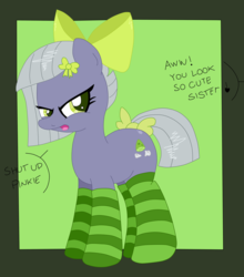Size: 2200x2500 | Tagged: safe, artist:an-tonio, artist:krazykari, limestone pie, g4, bow, clothes, colored, cute, dialogue, embarrassed, female, high res, implied pinkie pie, limabetes, limetsun pie, ribbon, socks, solo, striped socks, tail bow, tsundere