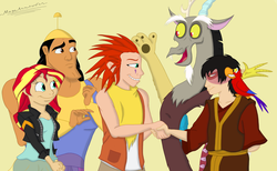 Size: 5296x3264 | Tagged: safe, artist:megaanimationfan, discord, sunset shimmer, equestria girls, g4, aladdin, avatar the last airbender, axel, crossover, disney, disney style, human coloration, iago, kingdom hearts, kronk, lea, nickelodeon, reformed, reformed villain, signature, style emulation, the emperor's new groove, zuko