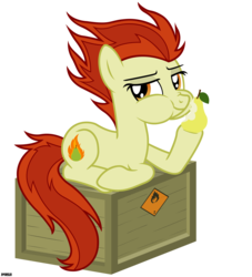 Size: 3900x4300 | Tagged: safe, artist:a4r91n, oc, oc only, oc:para focului, earth pony, pony, crate, eating, flammable, herbivore, looking at you, pear, simple background, sitting, transparent background, vector