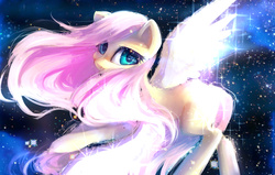 Size: 2200x1400 | Tagged: safe, artist:my-magic-dream, fluttershy, pegasus, pony, g4, beautiful, female, flying, mare, night, shiny, solo, space, spread wings, stars, wings