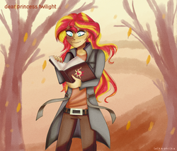 Size: 1008x864 | Tagged: safe, artist:lelka-philka, sunset shimmer, equestria girls, g4, autumn, book, clothes, female, journal, longcoat, pants, reading, signature, solo