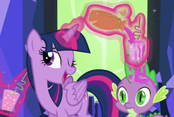 Size: 1580x1070 | Tagged: safe, screencap, spike, twilight sparkle, alicorn, pony, g4, what about discord?, crazy straw, cup, female, magic, mare, pouring, twilight sparkle (alicorn), wink