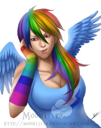 Size: 790x1000 | Tagged: safe, artist:moonllita, rainbow dash, human, g4, breasts, busty rainbow dash, cleavage, female, humanized, solo, tongue out, winged humanization