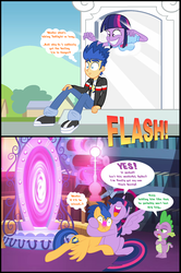 Size: 1968x2966 | Tagged: safe, artist:bbbhuey, flash sentry, spike, twilight sparkle, alicorn, dragon, pegasus, pony, equestria girls, g4, :i, adorkable, blushing, comic, cute, deadpan snarker, dialogue, dork, face of mercy, female, frown, grin, hape, happy, hug, human flash sentry, human flash sentry x pony twilight, husbando thief, kidnapped, male, mare, mirror portal, open mouth, portal, portal machine, puffy cheeks, raised eyebrow, rapeface, ship:flashlight, shipping, sitting, smiling, spike is not amused, spread wings, squee, stallion, straight, thought bubble, twilight sparkle (alicorn), unamused, wide eyes