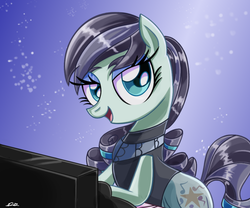 Size: 1000x833 | Tagged: safe, artist:daniel-sg, coloratura, g4, the mane attraction, clothes, female, lidded eyes, musical instrument, piano, rara, solo
