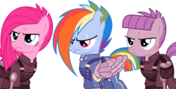 Size: 6000x3051 | Tagged: safe, artist:magister39, maud pie, pinkie pie, rainbow dash, g4, the cutie re-mark, absurd resolution, alternate timeline, amputee, apinkalypse pie, apocalypse dash, apocalypse maud, artificial wings, augmented, badass, clothes, crystal war timeline, epic, group, inkscape, mechanical wing, pinkamena diane pie, prosthetic limb, prosthetic wing, prosthetics, scar, simple background, torn ear, transparent background, vector, wings