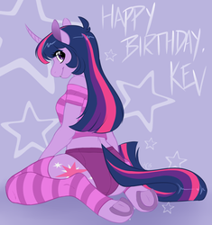 Size: 1280x1363 | Tagged: safe, artist:collaredginger, twilight sparkle, unicorn, anthro, g4, booty shorts, clothes, dialogue, female, kevinsano's birthday, kneeling, looking at you, looking back, looking back at you, looking over shoulder, mare, rear view, socks, solo, striped socks, stripes, unicorn twilight