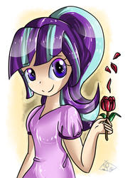 Size: 1024x1451 | Tagged: safe, artist:tamoqu, starlight glimmer, human, g4, clothes, cute, female, flower, glimmerbetes, humanized, looking at you, smiling, solo, when she smiles