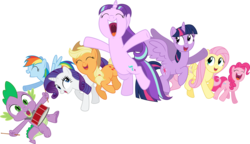 Size: 10000x5775 | Tagged: safe, artist:soren-the-owl, applejack, fluttershy, pinkie pie, rainbow dash, rarity, spike, starlight glimmer, twilight sparkle, alicorn, pony, g4, season 5, the cutie re-mark, absurd resolution, cowboy hat, drums, drumsticks, eyes closed, female, friends are always there for you, group, hat, it happened, mane seven, mane six, mare, midair, musical instrument, open mouth, playing drums, playing instrument, redemption, reformed, simple background, singing, song, stetson, transparent background, twilight sparkle (alicorn), vector