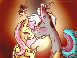 Size: 1280x960 | Tagged: safe, artist:suenden-hund, discord, fluttershy, g4, alternate hairstyle, blushing, female, male, mistletoe, ship:discoshy, shipping, straight