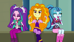 Size: 1366x768 | Tagged: safe, screencap, adagio dazzle, aria blaze, sonata dusk, equestria girls, g4, my little pony equestria girls: rainbow rocks, sitting, the dazzlings