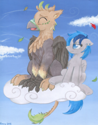 Size: 2533x3249 | Tagged: safe, artist:foxxy-arts, oc, oc only, oc:ralek, oc:sapphire sights, griffon, pegasus, pony, breeze, cloud, high res, paws, size difference, sky, talons, tired, tongue out, traditional art, wind