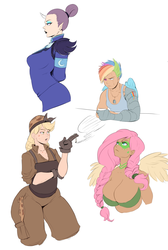 Size: 1767x2635 | Tagged: safe, artist:sundown, applejack, fluttershy, rainbow dash, rarity, human, g4, the cutie re-mark, alternate hairstyle, alternate timeline, apocalypse dash, applebucking thighs, applebutt, applecalypsejack, big breasts, blind eye, breasts, busty fluttershy, busty rarity, chrysalis resistance timeline, cigarette, cleavage, clothes, crystal war timeline, dog tags, elf ears, female, freckles, horn, horned humanization, humanized, jumpsuit, metal arm, muscles, night maid rarity, nightmare takeover timeline, prosthetic limb, scar, smoking, tribal, tribalshy, winged humanization