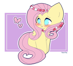 Size: 1100x1000 | Tagged: safe, artist:pearlmethvst, fluttershy, butterfly, g4, blushing, chibi, cute, female, floral head wreath, shyabetes, solo