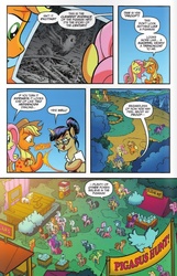 Size: 605x937 | Tagged: safe, artist:tony fleecs, idw, aloe, applejack, blue october, blueberry muffin, fluttershy, lotus blossom, mayor mare, nosey news, quill (g4), flying pig, pig, pigasus, friends forever #23, g4, my little pony: friends forever, spoiler:comic, bigfoot, splendor woods, spread wings