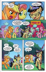 Size: 602x935 | Tagged: safe, artist:tony fleecs, idw, applejack, berry punch, berryshine, fluttershy, lyra heartstrings, nosey news, quill (g4), pony, friends forever #23, g4, my little pony: friends forever, spoiler:comic, angry, splendor woods, unnamed character, unnamed pony