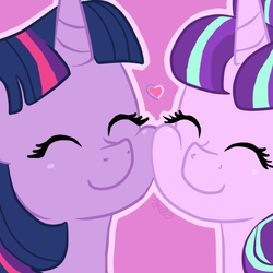 Size: 540x540 | Tagged: safe, artist:apple-jazzy, starlight glimmer, twilight sparkle, pony, unicorn, g4, cute, eyes closed, female, glimmerbetes, heart, jazzyponies is trying to murder us, lesbian, mare, nuzzling, ship:twistarlight, shipping, smiling, squishy cheeks, twiabetes