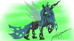Size: 1280x717 | Tagged: safe, artist:music-brush, queen chrysalis, changeling, changeling queen, g4, bedroom eyes, crown, female, jewelry, regalia, smiling, solo, transparent wings, wings