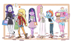 Size: 1024x622 | Tagged: dead source, safe, artist:fishby, applejack, fluttershy, pinkie pie, rainbow dash, rarity, twilight sparkle, human, g4, clothes, dress, humanized, mane six, pony coloring, shopping