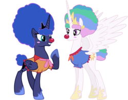 Size: 3641x2855 | Tagged: safe, artist:megarainbowdash2000, edit, princess celestia, princess luna, alicorn, pony, g4, the cutie re-mark, afro, alternate timeline, chaotic timeline, clown, clown celestia, clown luna, clown nose, duo, frolestia, high res, lunafro, red nose, simple background, transparent background, vector