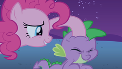 Size: 1366x768 | Tagged: safe, screencap, pinkie pie, spike, g4, owl's well that ends well, noogie, palindrome get, spikelove